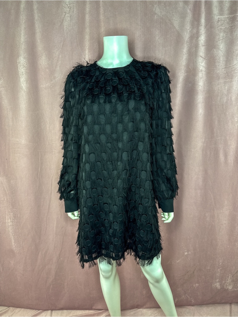 Be Bluemarine Womens Black Dotted Fringe Mini Dress Size 8 Italian Designer